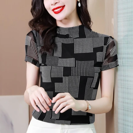 Fashionable mom's elastic tulle slimming short-sleeved blouse 2022 Summer new style versatile T-shirt top for middle-aged women's wear Fashionable mom's elastic tulle slimming short-sleeved blouse 2022 Summer new style versatile T-shirt top for middle-aged women's wear